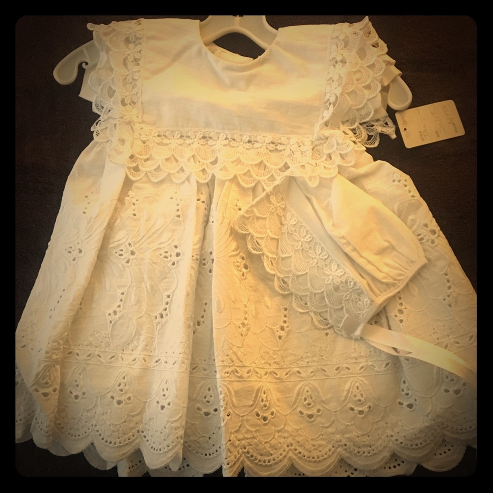Baby Girl dress with attached bib and bonnet